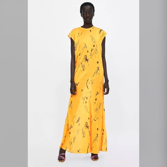 Zara Dresses Zara Yellow Maxi Dress With Black Print Poshmark
